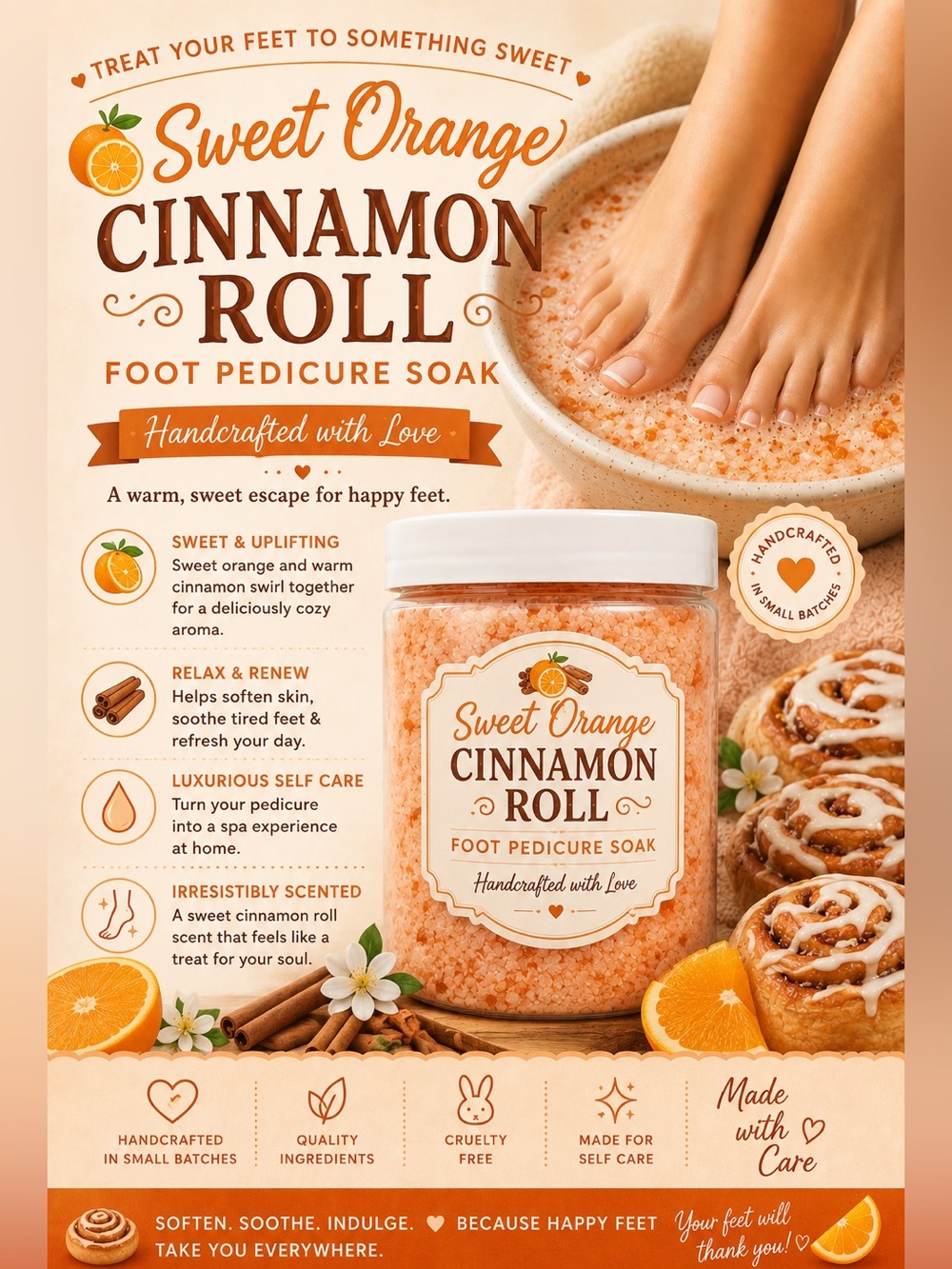 Handcrafted Sweet Orange Cinnamon Roll Foot Pedicure Soak